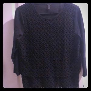 J. Crew Black T Shirt with Lace Front Size M 3/4 Sleeves Peplum Hem